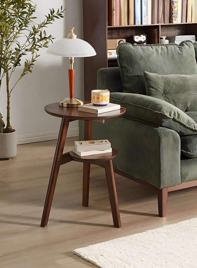 WALALLA Solid Wood Round Side Table - 2-Tier Mid-Century Modern End Table with 40cm Diameter, Multi-Functional Accent Table for Living Room & Bedroom (Walnut) - Image 3